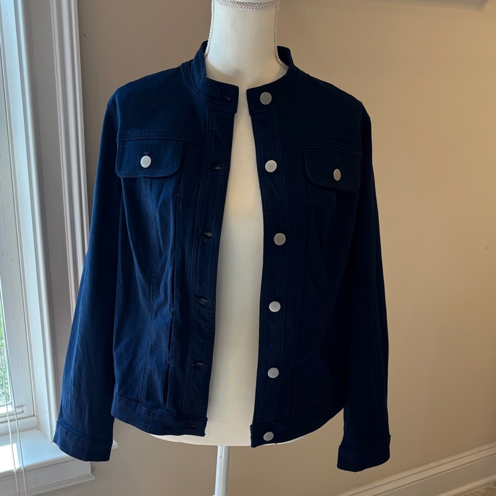 Chico’s Navy Button-Front Collarless Jacket